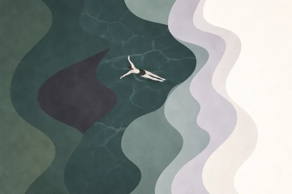 Abstract illustration of a swimmer in wavy layers, symbolizing partnership and the concept of making waves together.