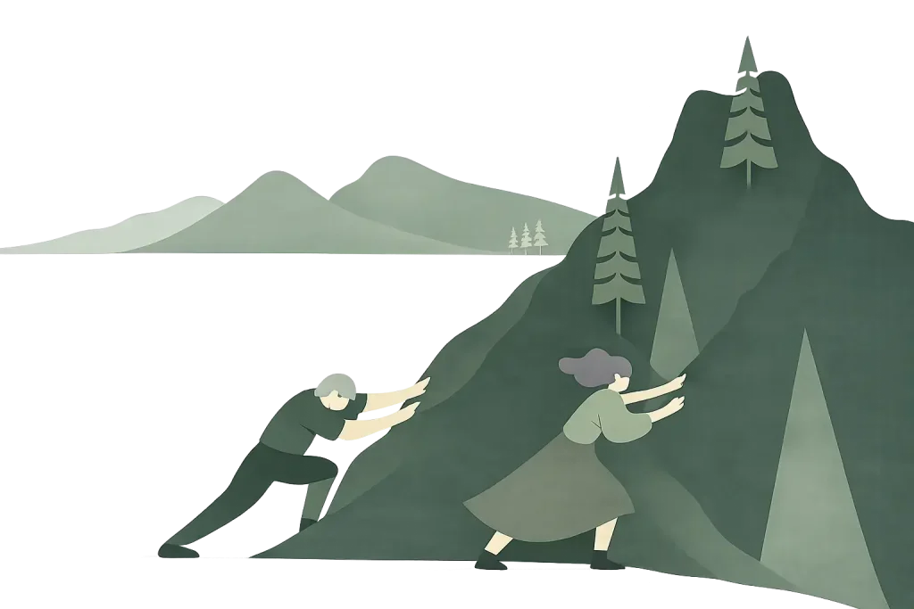 Minimalist illustration of two people pushing a green mountain uphill, symbolizing SEO growth, strategy, and long-term organic success.